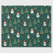 Sneeuwmannen Kerstbomen Groene Kerstmis Cadeaupapier (Vlak)