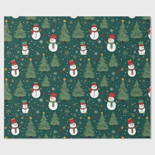Sneeuwmannen Kerstbomen Groene Kerstmis Cadeaupapier (Vlak)