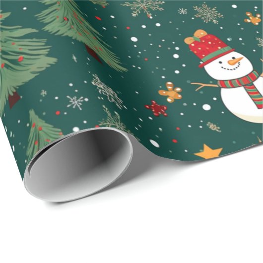Sneeuwmannen Kerstbomen Groene Kerstmis Cadeaupapier (Rol Hoek)