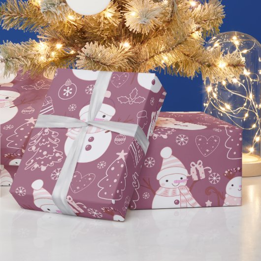 Sneeuwmannen Kerstbomen Harten Paarse Kerst Cadeaupapier (Feestdagen)