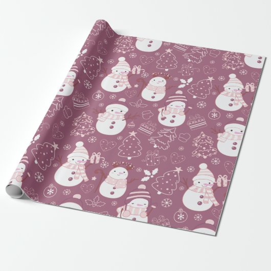 Sneeuwmannen Kerstbomen Harten Paarse Kerst Cadeaupapier (Uitgerold)