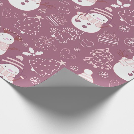 Sneeuwmannen Kerstbomen Harten Paarse Kerst Cadeaupapier (Hoek)