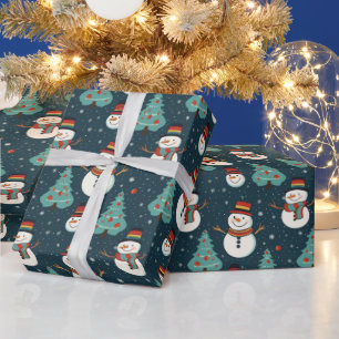 Sneeuwmannen Kerstbomen Sneeuwvlokken Groene Kerst Cadeaupapier