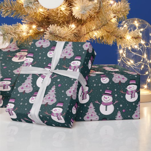 Sneeuwmannen Kerstbomen Sneeuwvlokken Groene Kerst Cadeaupapier (Feestdagen)