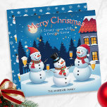 Sneeuwmannen met Drinken Frosty Cheer Merry Christ Feestdagenkaart<br><div class="desc">Deze schattige kerstkaart is voorzien van drie vrolijke sneeuwpoppen, afgebeeld met hun feestelijke drinken. Met een sterrenhemel en een heldere nachtelijke hemel, de groet 'Merry Christmas bogen over het tafereel. Het bijschrift voor het afbeelding is 'Een ijzige crew met een feestelijk brouwsel'. Personaliseer met jouw naam(s) voor de finishing touch....</div>
