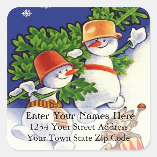 Sneeuwmannen met Kerstboom adreslabel Vierkante Sticker (Voorkant)