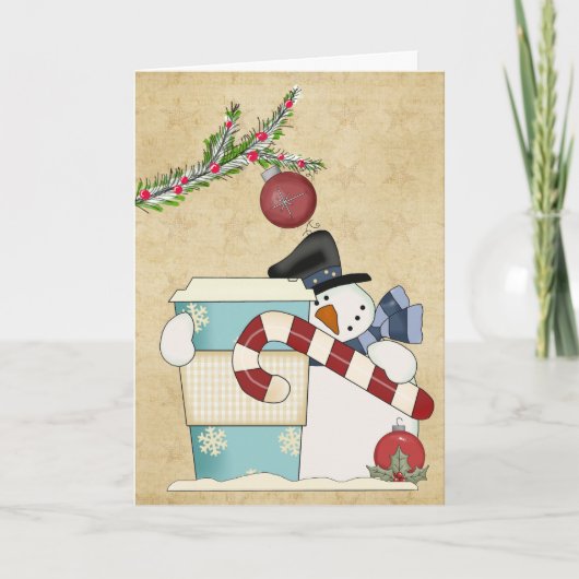 Sneeuwmannen met koffie feestdagen kaart (Voorkant)