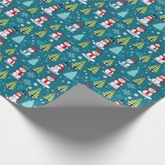 Sneeuwmannen Moderne Kerstbomen Groene Kerstmis Cadeaupapier (Hoek)