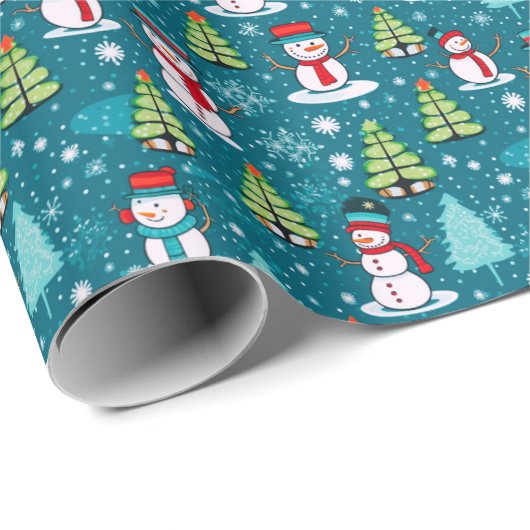 Sneeuwmannen Moderne Kerstbomen Groene Kerstmis Cadeaupapier (Rol Hoek)