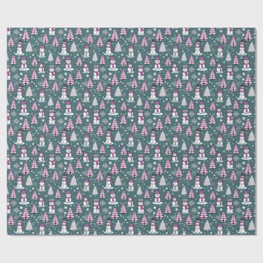 Sneeuwmannen Moderne Kerstbomen Groene Kerstmis Cadeaupapier (Vlak)