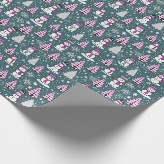 Sneeuwmannen Moderne Kerstbomen Groene Kerstmis Cadeaupapier (Hoek)