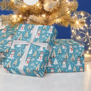 Sneeuwmannen Moderne Kerstbomen IJsblauw Kerstmis Cadeaupapier