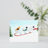 Sneeuwmannen op een Slee Feestdagenkaart (Staand voorkant)