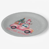 Sneeuwmannen rijden roze truckboom geschenken papieren bordje (Gekanteld)