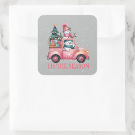 Sneeuwmannen rijden roze truckboom geschenken vierkante sticker