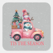 Sneeuwmannen rijden roze truckboom geschenken vierkante sticker (Voorkant)