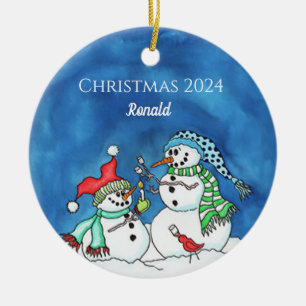 Sneeuwmannen Roasting Marshmellows Gepersonaliseer Keramisch Ornament