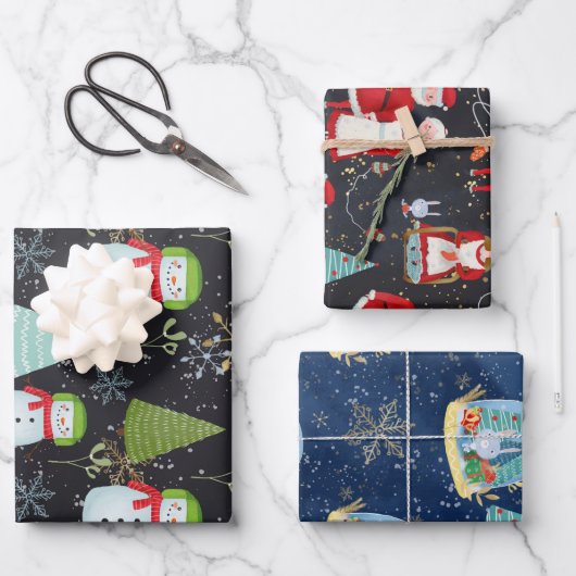 Sneeuwmannen Santa Sneeuw Wereldbol Kerstvakantie  Inpakpapier Vel (Voorkant)