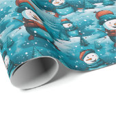 Sneeuwmannen Sneeuwveld Bomen Blauw Kerstmis Cadeaupapier (Rol Hoek)