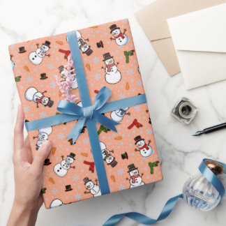 Sneeuwmannen & Sneeuwvlokken op Perzik Cadeaupapier