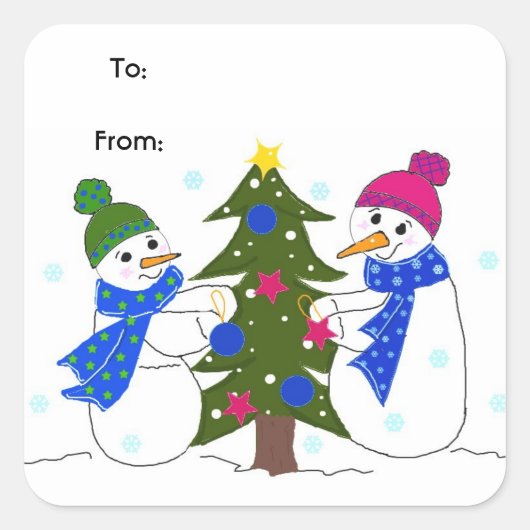 Sneeuwmannen spelen in de sneeuw vierkante sticker (Voorkant)
