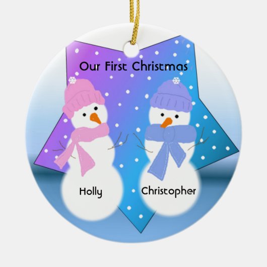 Sneeuwmannen Tweeling Eerste Kerstmis Keramisch Ornament (Voorkant)