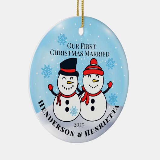 Sneeuwmannen voor het eerst getrouwd keramisch ornament (Rechts)