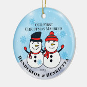 Sneeuwmannen voor het eerst getrouwd keramisch ornament (Links)