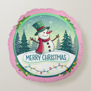 Sneeuwmannetje geeft een vrolijke kerstgroet rond kussen