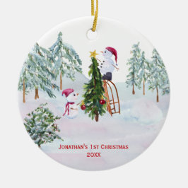 Sneeuwmannetjes Baby's 1e Kerstmis Foto Keramisch Ornament