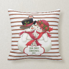 Sneeuwmanpaar en Candy Cane Stripes Kussen