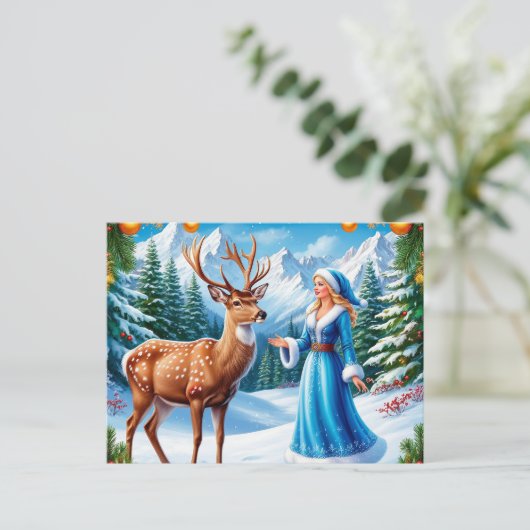 Sneeuwmeisje betoverende winterscène feestdagenkaart (Staand voorkant)