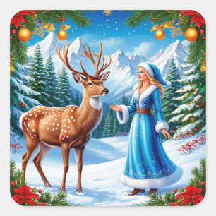 Sneeuwmeisje betoverende winterscène vierkante sticker