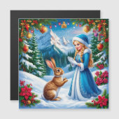 Sneeuwmeisje in winter boslandschap met konijn (Voorkant / Achterkant)