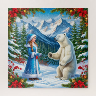 Sneeuwmeisje met feestelijke decoratie en ijsbeer legpuzzel