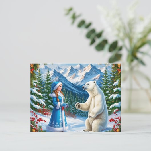 Sneeuwmeisje met feestelijke inrichting en Polar B Feestdagenkaart (Staand voorkant)