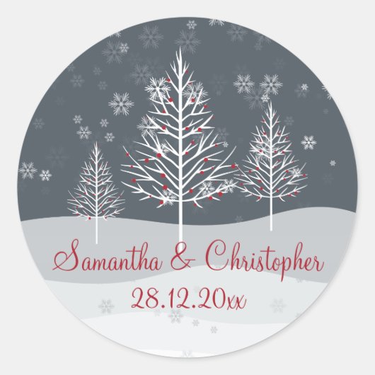 Sneeuwnacht en winterbomen bruiloft ronde sticker (Voorkant)