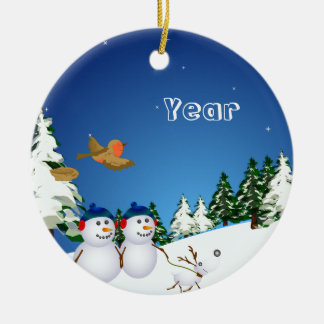 Sneeuwpaar en hond keramisch ornament