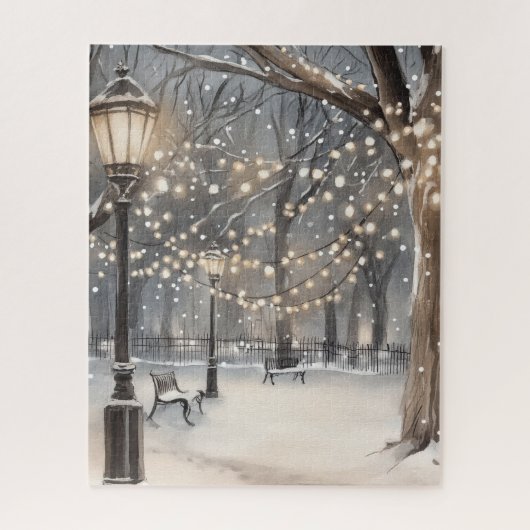 Sneeuwpark Slingerlichten Winter Nacht Legpuzzel (Verticaal)