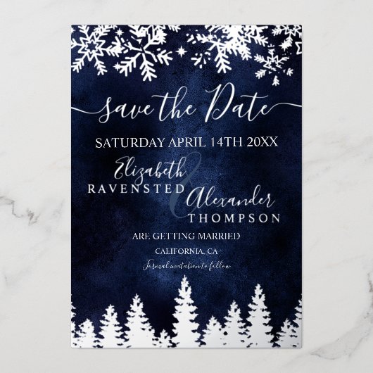 Sneeuwpiene blauwe kerst Opslaan Datum Folie Uitnodiging (Voorkant)