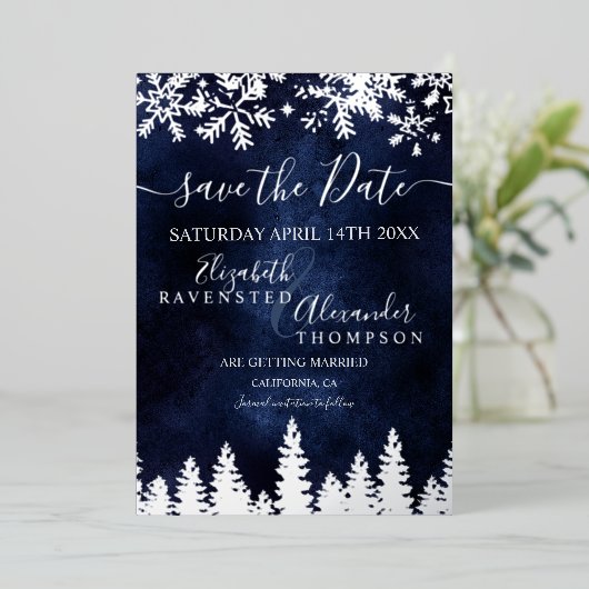 Sneeuwpiene blauwe kerst Opslaan Datum Folie Uitnodiging (Staand Voorkant)