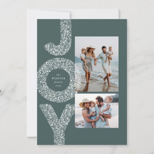 Sneeuwplezier spikkels twee foto groene Kerstmis Feestdagenkaart (Voorkant)