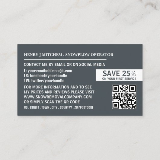 Sneeuwploeg, Sneeuwverwijderingsbedrijf Adverteren Visitekaartje (Achterkant)