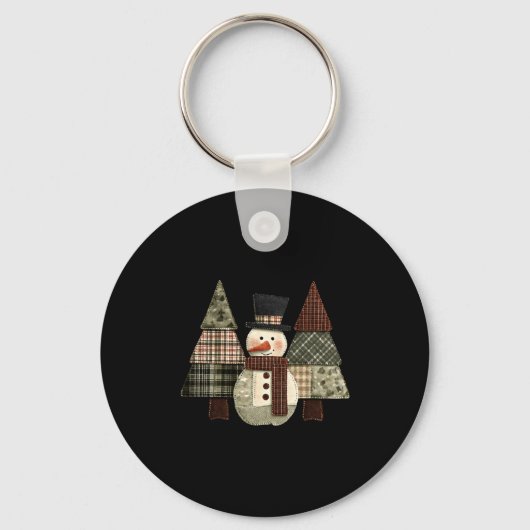 Sneeuwpop Bomen Patchwork Geruite Bomen Rustieke K Sleutelhanger (Voorkant)
