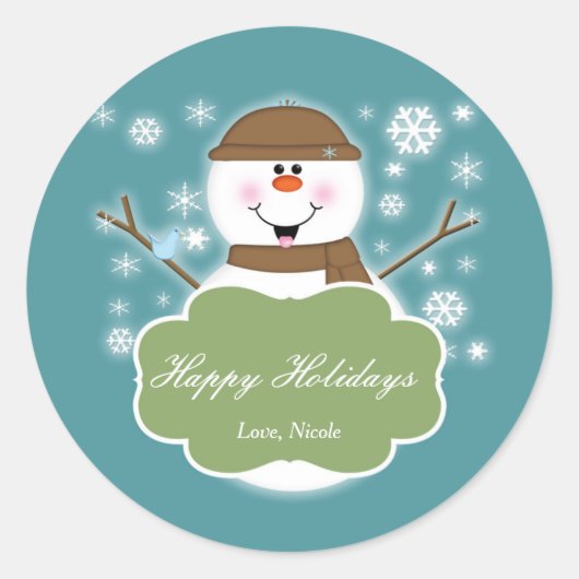 Sneeuwpop Bruin & Turquoise Kerstfeest Sticker (Voorkant)