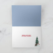 sneeuwpop en hert in sneeuwvlokken op blauw feestdagen kaart (Binnen)