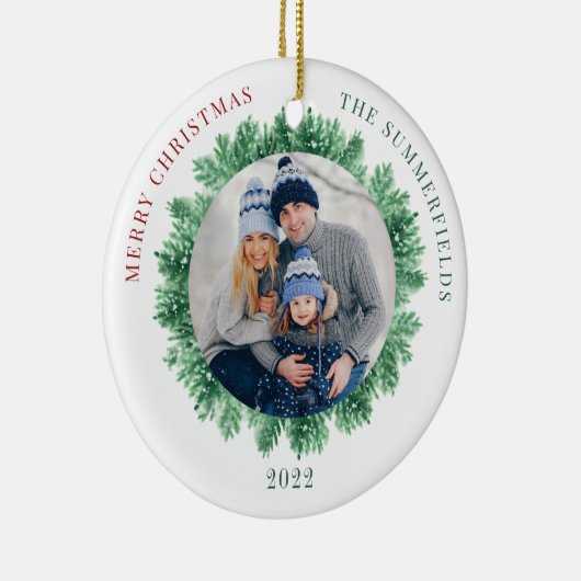 Sneeuwpop en kerstfeestdag met familiefoto keramisch ornament (Rechts)