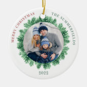 Sneeuwpop en kerstfeestdag met familiefoto keramisch ornament (Voorkant)