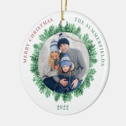 Sneeuwpop en kerstfeestdag met familiefoto keramisch ornament (Links)