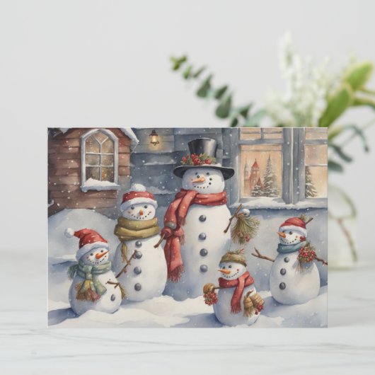  sneeuwpop familie vrolijk kerstfeest feestdagenkaart (Staand voorkant)